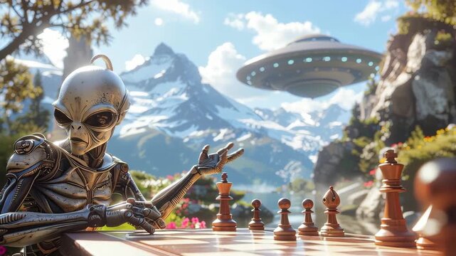 An extraterrestrial figure, seemingly lost in thought, contemplates his next move during a captivating game of chess, as a UFO hovers serenely above majestic mountains, painting a surreal panorama.