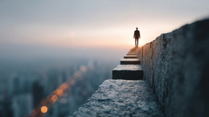 Silhouette of a person walking confidently on a high wall during sunset with city lights below for motivation and success concept words
