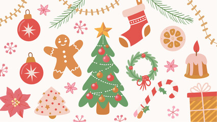 Fototapeta premium A christmas themed illustration with a tree, ornaments, and other holiday related decorations shown here silhouette