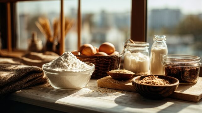 Rustic baking ingredients on a sunlit sill
-