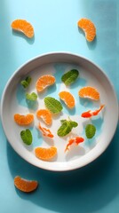 Whimsical scene of vibrant goldfish swimming among fresh orange slices and mint leaves in a clean white bowl, evoking summer refreshment and playful creativity.