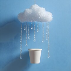 Whimsical decorative cloud with crystal raindrop strands gently falling towards a clean, white cup against a vibrant blue backdrop