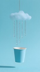 Whimsical cloud sprinkles refreshing water droplets into a vibrant blue cup against a clean sky backdrop