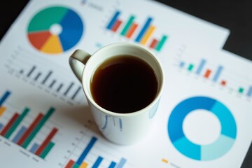 Top-Down View of Coffee Cup Surrounded by Vibrant Charts and Graphs in Contemporary Office Setting