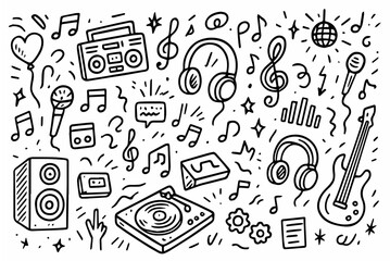 Hand-drawn doodle vector set of Music & DJ Doodles (Speakers, Notes, Turntable), created in a fun and sketchy handdrawn doodle style, isolated on white background

