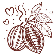 Cocoa beans with leaves and hearts, a symbol of love and deliciousness
