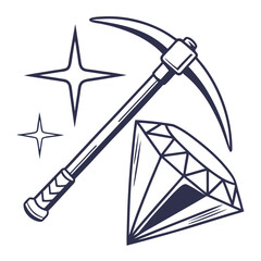 Fototapeta premium Monochrome illustration of a pickaxe striking a diamond, symbolizing mining, treasure, and precious gems
