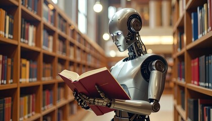 Fototapeta premium A black robotic cyborg head with a white mask sits on old books in a futuristic library, isolated against a metal and artificial background