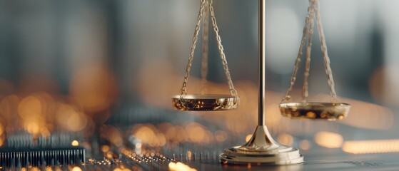 Close-up of a Balance Scale with Gold Weights on a Modern Digital Background in a Weight Measurement and Precision Scale Setting