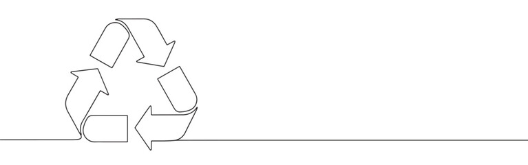 Continuous line drawing of a recycling symbol, representing environmental care and sustainability, isolated on a white background.