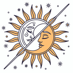 Celestial sun and moon illustration with stars, a mystical and magical design