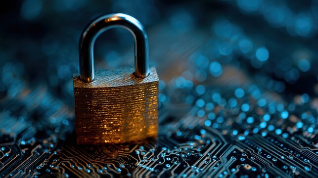 Close-up of a secure padlock with a textured gold surface resting on a digital circuit board background illuminated with blue light - Powered by Adobe