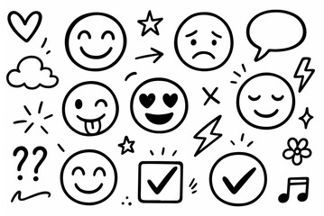 Hand-drawn doodle vector set of emojis, expressions, and fun symbols, created in a playful sketchy cartoon style, isolated on white background
