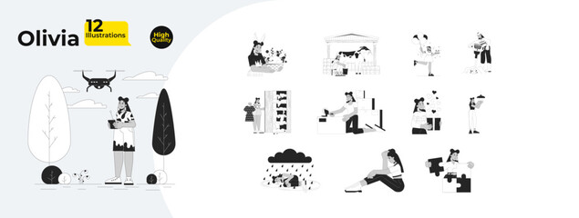 Curvy latina woman with work, holidays, depression outline illustrations mega bundle. Drone using, celebrating, packing tape 2D linear images isolated. Collection black and white vector drawings