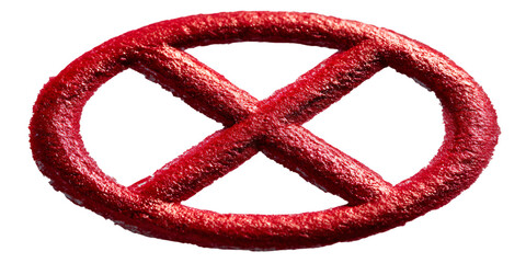 Textured vibrant red oval shape with a prominent cross symbol in the center, signifying prohibition, restriction, or warning.