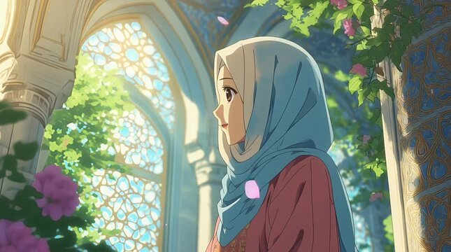 Animated Cute Anime Hijabi Girl Talking and Looking in Colorful Background