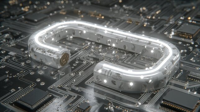 Futuristic illuminated robotic track looping over intricate circuit board with glowing lines and digital technology design