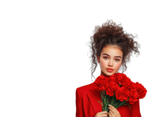 Woman with Red Flowers on Transparent Background