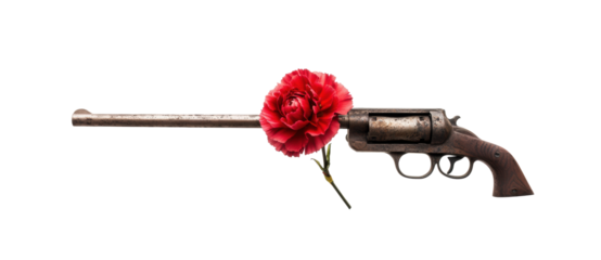 Carnation Revolution Symbolism: Gun with Red Carnation on Transparent Background