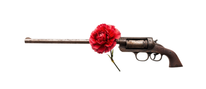 Carnation Revolution Symbolism: Gun with Red Carnation on Transparent Background