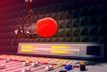 Professional microphone and sound mixer in radio studio