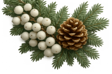 Christmas winter holiday decoration featuring pine cone, green fir tree branches, and white berries on transparent background