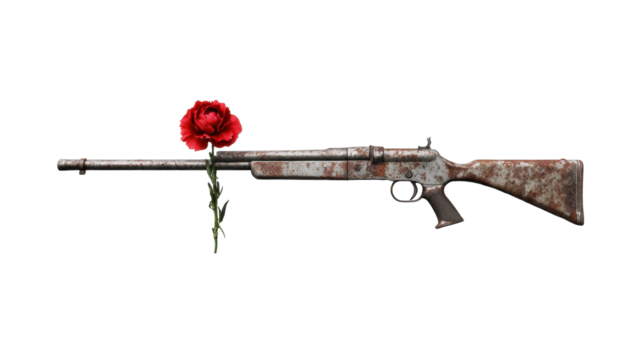 Carnation Revolution Symbolism with Flower and Rifle on Transparent Background