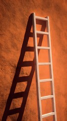 Ascend to new heights with this rustic wooden ladder casting dramatic shadows against a vibrant textured orange wall, symbolizing growth and opportunity.