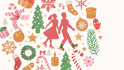 Festive winter scene with ice skaters christmas trees snowflakes and holiday decorations arranged together silhouette