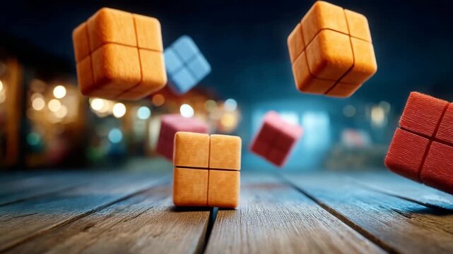 Dynamic colorful cubes floating above a rustic wooden table, creating a playful and modern composition perfect for abstract designs and creative projects