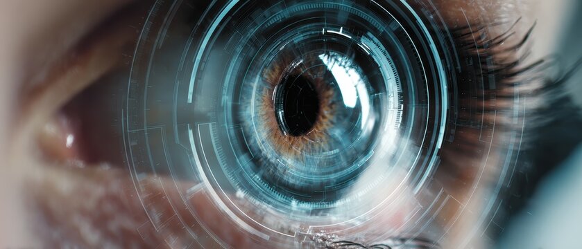 Close-up of human eye with futuristic digital interface overlay showing technology and vision enhancement concepts