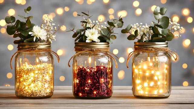 Beautiful jars filled with lights and flowers enhance the cozy ambiance, perfect for any setting or event decoration