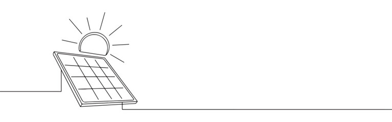 Continuous line drawing of a solar panel with sun rays, symbolizing renewable energy and environmental technology, isolated on a white background.