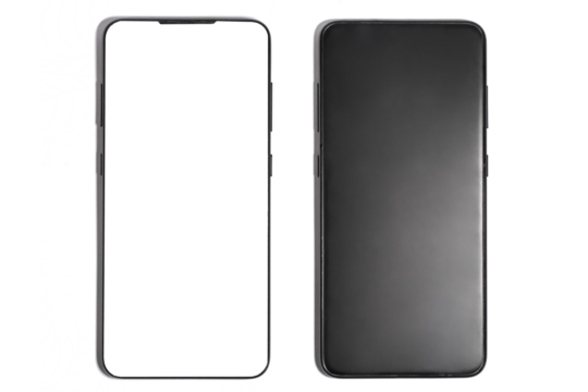 Two Smartphones with Blank and transparent Screens on isolated Background