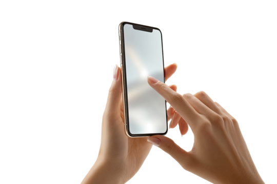 Close-up of hands holding a modern smartphone, touching the screen