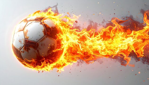 A soccer ball engulfed in flames against a white background - Powered by Adobe