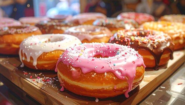 A close-up shot of an array of delicious donuts with vibrant colorful icing and sprinkles, arranged on a wooden serving board