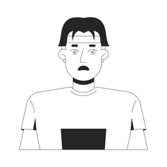 Chinese man with dizzy face expression 2D line character. Disoriented reaction, mental fatigue. Confused asian guy spiral eyes isolated vector ink outline person. Monochromatic spot illustration
