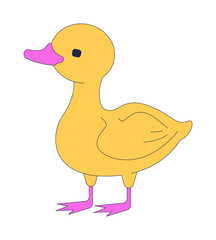 Cute yellow duck standing 2D cartoon character. Baby bird. Young duckling quack. Farm poultry. Little fowl. Domesticated livestock flat vector animal isolated on white. Spot illustration colorful