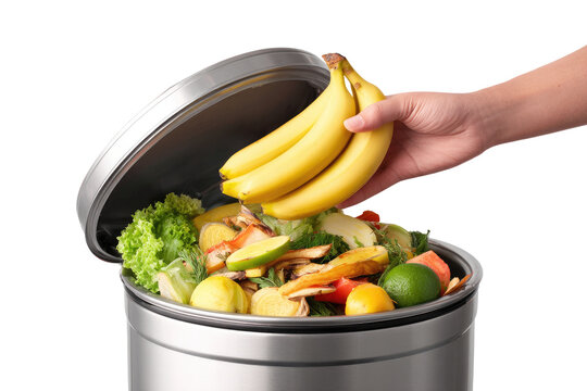 Hand placing bananas into a metal compost bin filled with various fruits and vegetables