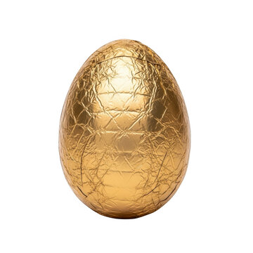 A shiny golden chocolate egg wrapped in foil isolated on transparent background