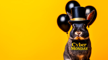 flyer featuring a black rabbit wearing a black hat on a bright yellow background with copy space, an advertisement for Cyber Monday and Black Friday, a concept for the start of the sales season