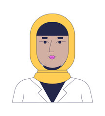 Professional arab muslim woman in hijab and lab coat 2D avatar human face. Middle eastern female employee in headscarf cartoon illustration character portrait isolated. Flat user profile color image