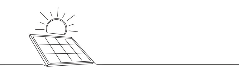 Continuous line drawing of a solar panel with sun rays, symbolizing renewable energy and environmental technology, isolated on a white background.