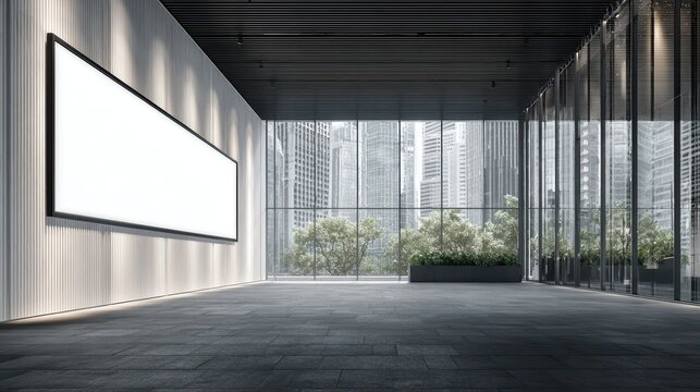 Modern spacious interior with large glass overlooking cityscape and lush greenery, minimalistic design and natural daylight