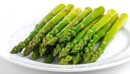 A close-up shot of cooked asparagus spears arranged neatly on a white, slightly curved plate. The vibrant green vegetables are fresh