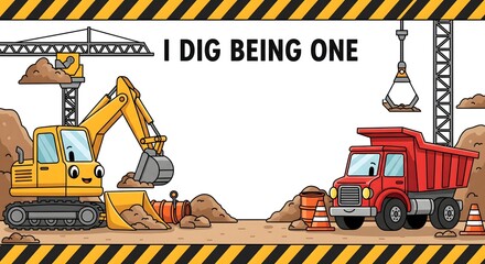 Construction Site Cartoon Illustration with Excavator and Dump Truck, I Dig Being One Construction Birthday Cartoon Clipart with Heavy Equipment