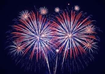 Colorful fireworks explode in the night sky with a dark background