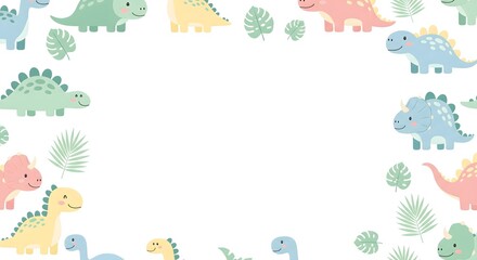 Pastel Dinosaurs and Tropical Leaves Frame, Cute Cartoon Dinosaur Border with Monstera and Palm Fronds