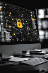 Digital security network with locked padlock symbol, emphasizing online protection and privacy